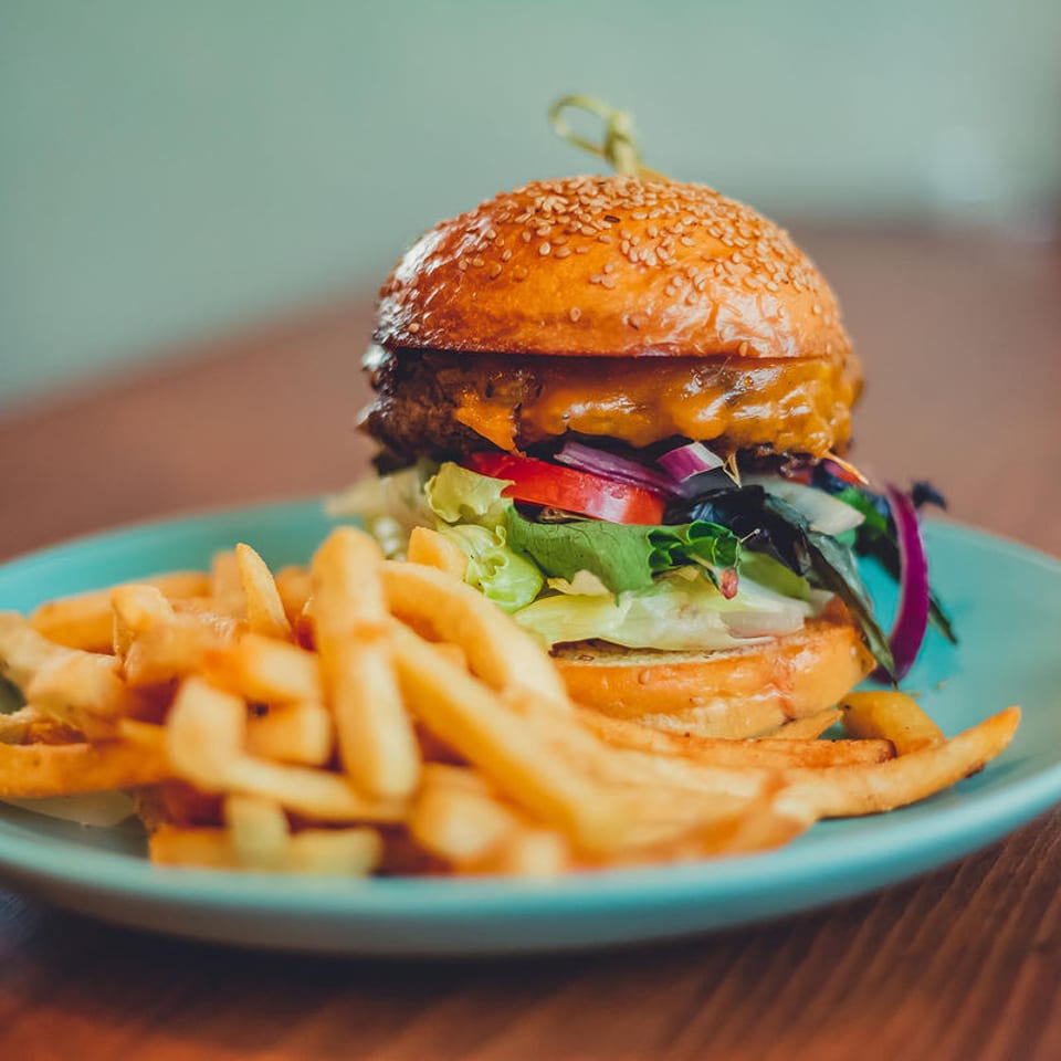 Cheeseburger with lettuce, tomato, and red onion, served with a side of golden french fries.